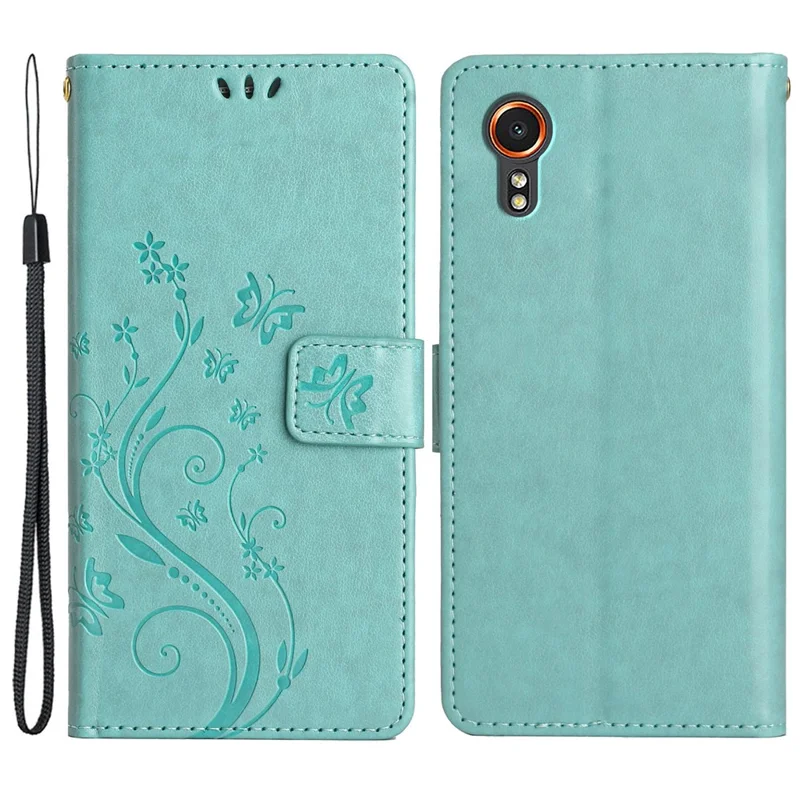 For Samsung Galaxy Xcover7 Case Leather Wallet Stand Phone Cover Butterfly Pattern - Baby Blue