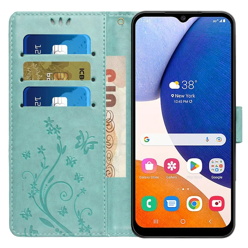 For Samsung Galaxy Xcover7 Case Leather Wallet Stand Phone Cover Butterfly Pattern - Baby Blue
