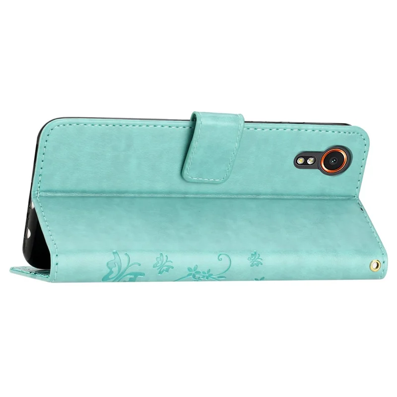 For Samsung Galaxy Xcover7 Case Leather Wallet Stand Phone Cover Butterfly Pattern - Baby Blue