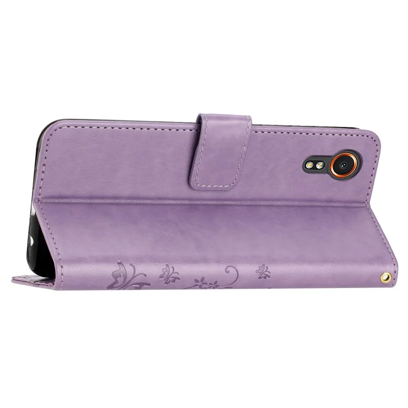 For Samsung Galaxy Xcover7 Case Leather Wallet Stand Phone Cover Butterfly Pattern - Light Purple