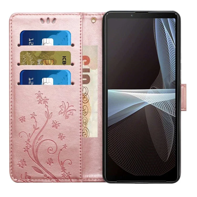 For Sony Xperia 5 V Case Imprinted Butterfly Flower Stand Leather Phone Cover - Rose Gold