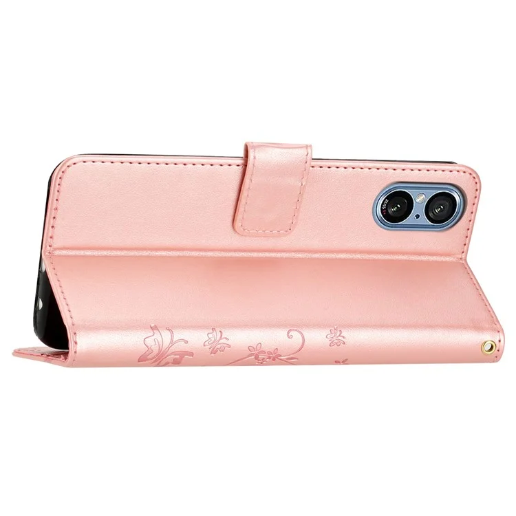 For Sony Xperia 5 V Case Imprinted Butterfly Flower Stand Leather Phone Cover - Rose Gold