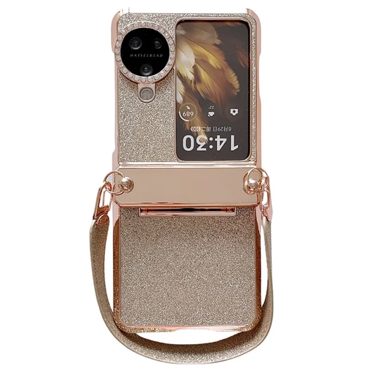 Pour Oppo Find N3 Flip 5G Case Rhinestones Glitter Hard PC Folding Phone Cover avec Dragonne - Or
