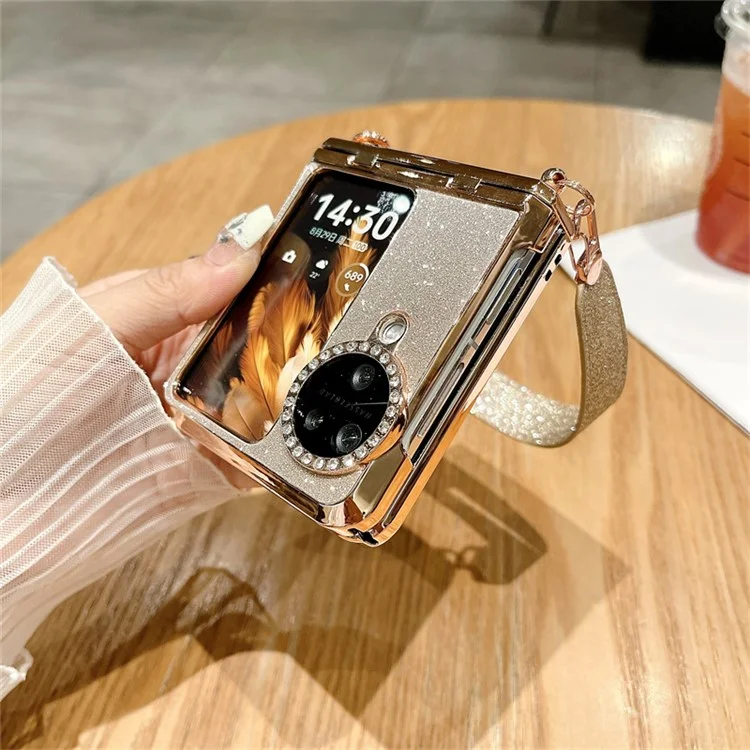 Pour Oppo Find N3 Flip 5G Case Rhinestones Glitter Hard PC Folding Phone Cover avec Dragonne - Or