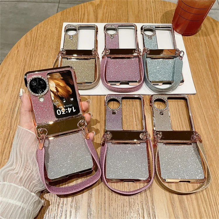 Pour Oppo Find N3 Flip 5G Case Rhinestones Glitter Hard PC Folding Phone Cover avec Dragonne - Or