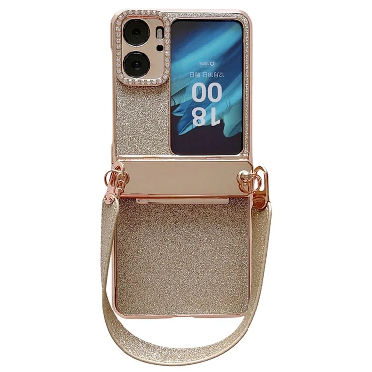 Pour Oppo Find N2 Flip 5G Coque téléphone paillettes Coque de protection résistante aux chocs en PC avec dragonne - Or