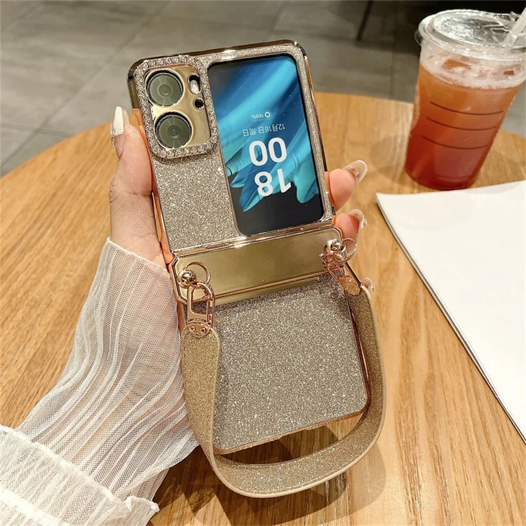Pour Oppo Find N2 Flip 5G Coque téléphone paillettes Coque de protection résistante aux chocs en PC avec dragonne - Or
