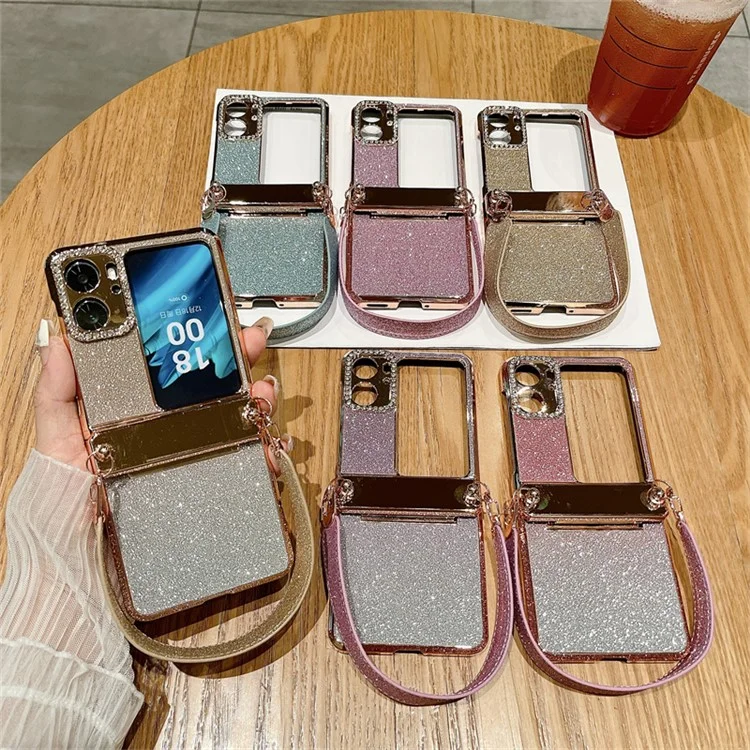 Pour Oppo Find N2 Flip 5G Coque téléphone paillettes Coque de protection résistante aux chocs en PC avec dragonne - Or