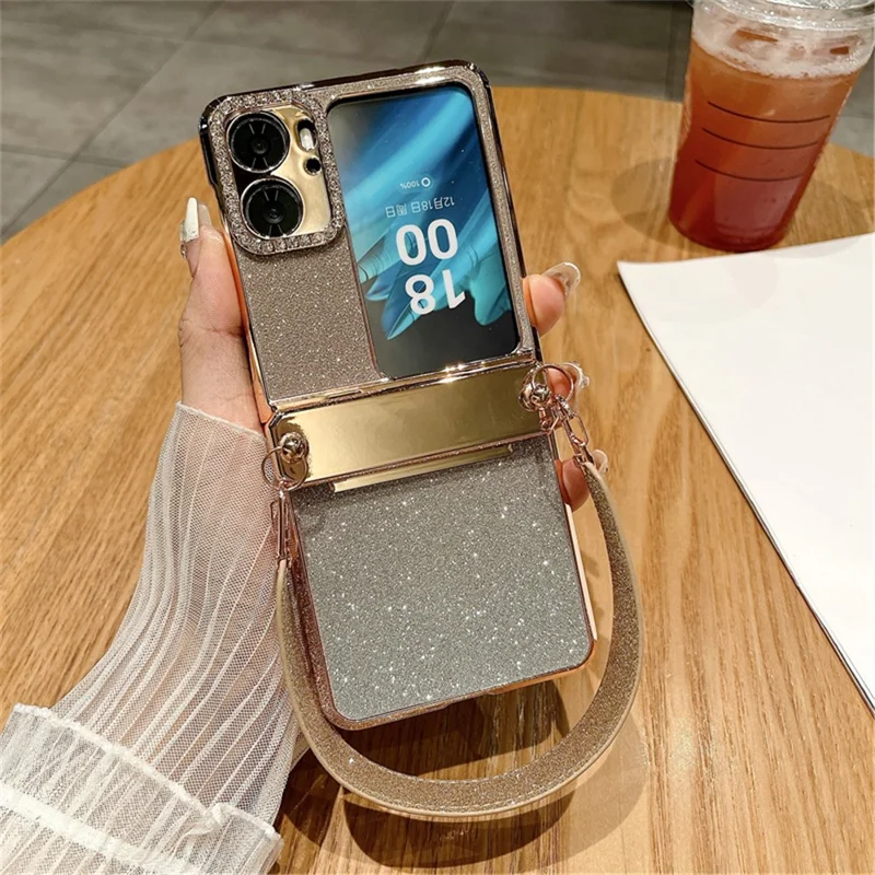 Para Oppo Find N2 Flip 5G Funda de Teléfono con Purpurina Resistente a los Golpes, Funda Protectora Dura de PC con Correa para la Muñeca - Degradado Dorado