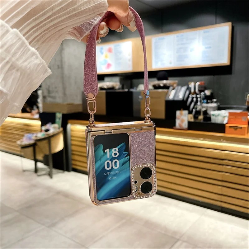 Para Oppo Find N2 Flip 5G Funda de Teléfono con Purpurina Resistente a los Golpes, Funda Protectora Dura de PC con Correa para la Muñeca - Degradado Dorado