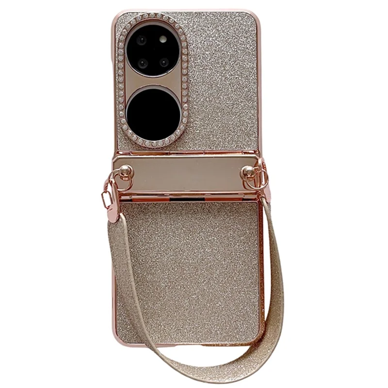 For Huawei P50 Pocket Case with Wrist Strap Rhinestones Glitter Hard PC Phone Cases - Gold