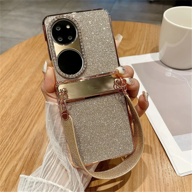 For Huawei P50 Pocket Case with Wrist Strap Rhinestones Glitter Hard PC Phone Cases - Gold