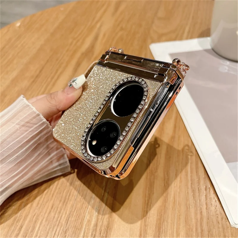 For Huawei P50 Pocket Case with Wrist Strap Rhinestones Glitter Hard PC Phone Cases - Gold