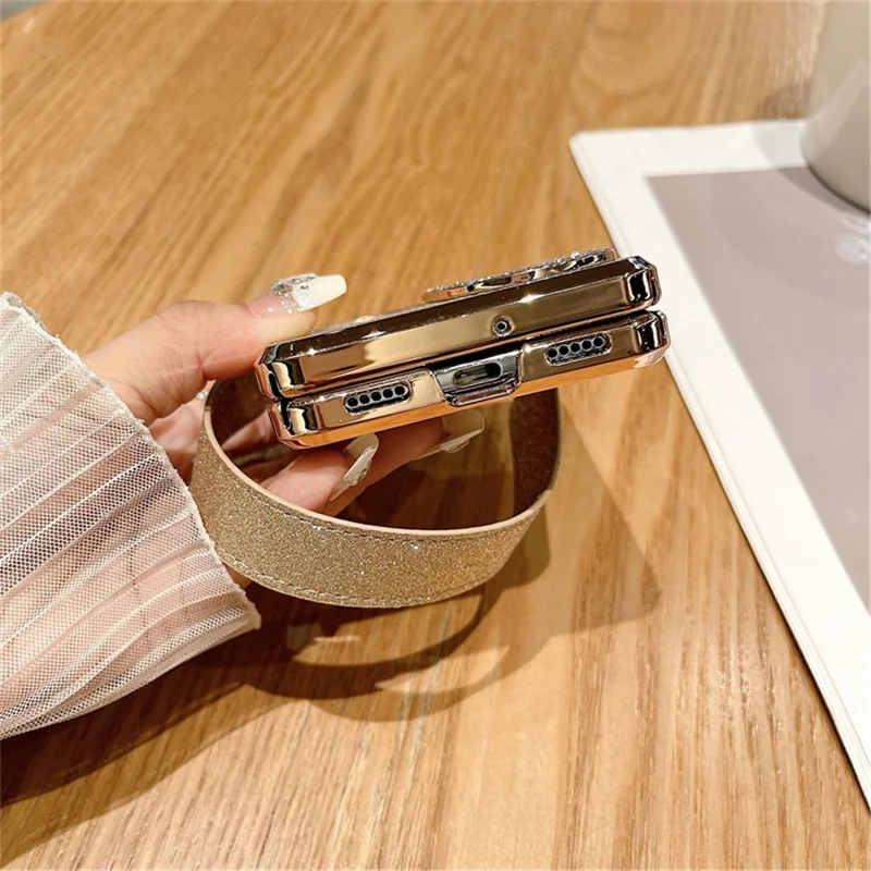 For Huawei P50 Pocket Case with Wrist Strap Rhinestones Glitter Hard PC Phone Cases - Gold