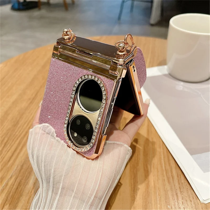 For Huawei P50 Pocket Case with Wrist Strap Rhinestones Glitter Hard PC Phone Cases - Gold