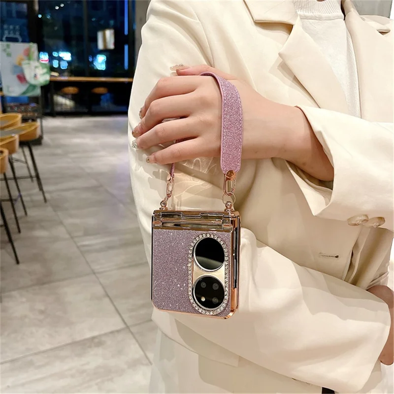 For Huawei P50 Pocket Case with Wrist Strap Rhinestones Glitter Hard PC Phone Cases - Pink