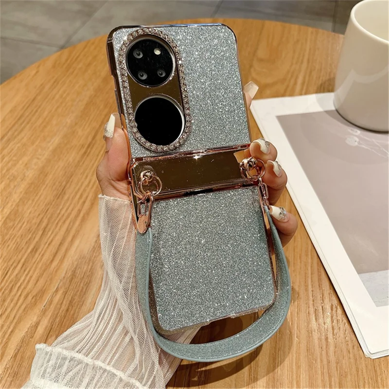 For Huawei P50 Pocket Case with Wrist Strap Rhinestones Glitter Hard PC Phone Cases - Blue