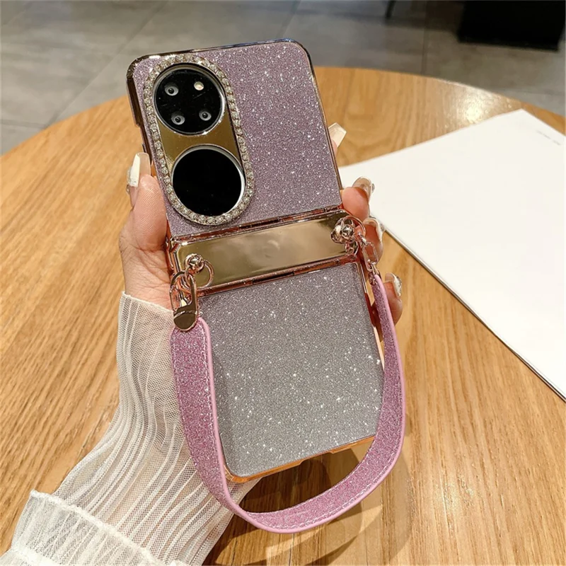 For Huawei P50 Pocket Case with Wrist Strap Rhinestones Glitter Hard PC Phone Cases - Gradient Purple