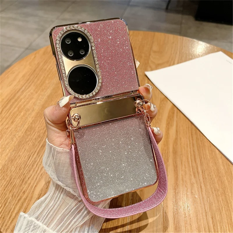 For Huawei P50 Pocket Case with Wrist Strap Rhinestones Glitter Hard PC Phone Cases - Gradient Pink