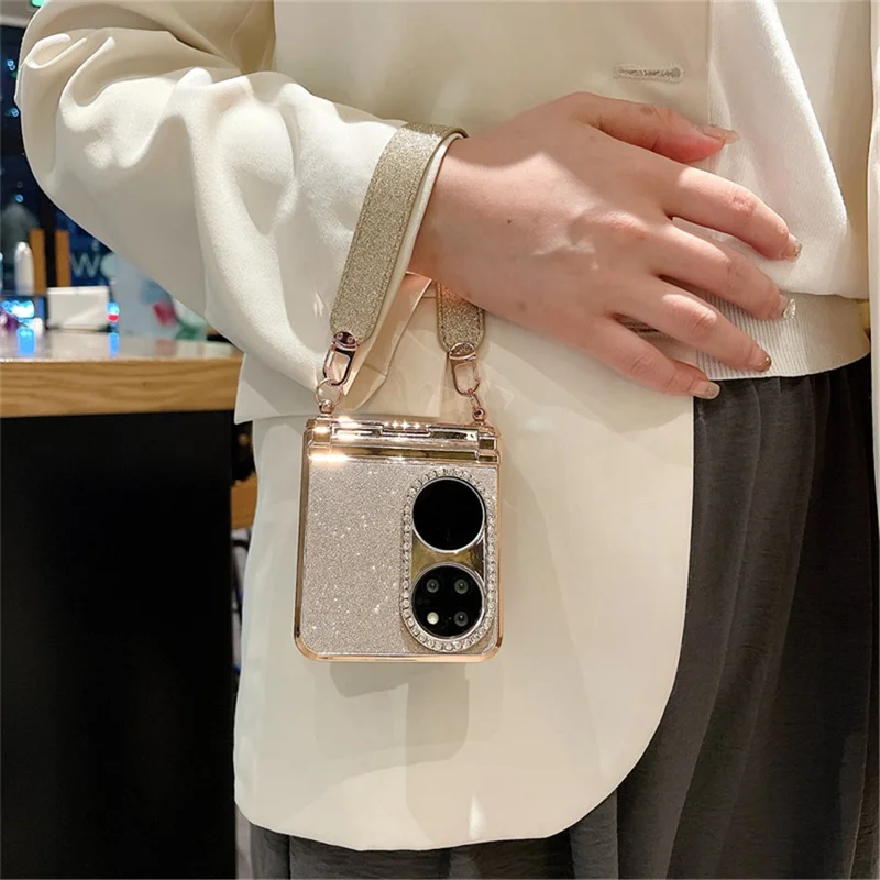 For Huawei P50 Pocket Case with Wrist Strap Rhinestones Glitter Hard PC Phone Cases - Gradient Pink