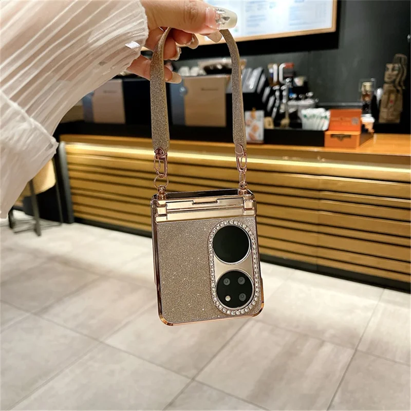 For Huawei P50 Pocket Case with Wrist Strap Rhinestones Glitter Hard PC Phone Cases - Gradient Pink