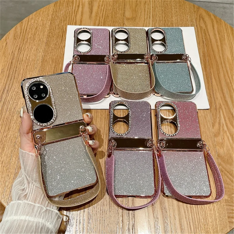 For Huawei P50 Pocket Case with Wrist Strap Rhinestones Glitter Hard PC Phone Cases - Gradient Pink