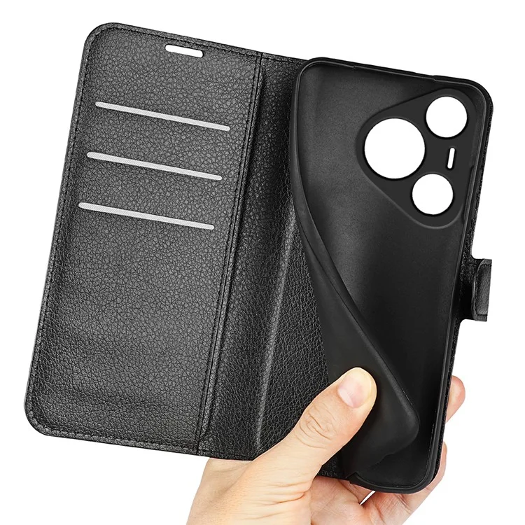 Per Huawei Pura 70 Wallet Case con supporto per schede Texture in pelle Litchi Custodia per telefono - Nero