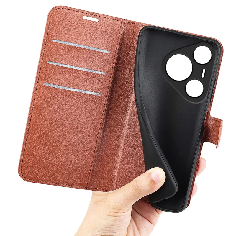 Para Huawei Pura 70 Wallet Case com Porta-Cartões Textura de Litchi Couro Capa de Telefone - Marrom