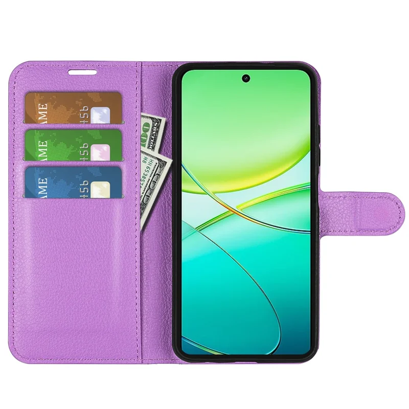 For vivo Y38 5G Case Litchi Grain PU Leather Shockproof TPU Inner Shell Phone Cover - Purple