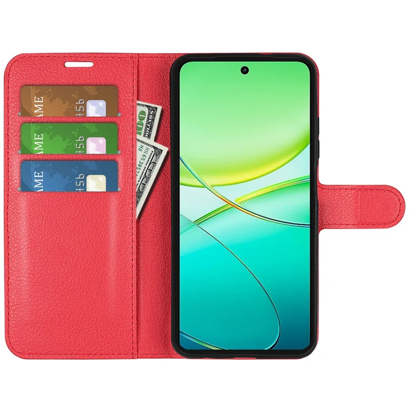 For vivo Y38 5G Case Litchi Grain PU Leather Shockproof TPU Inner Shell Phone Cover - Red