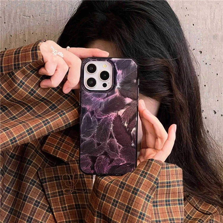 For iPhone 15 Pro Cell Phone Cases IMD Feather Pattern Anti-Scratch PC+TPU Phone Back Cover - Style A