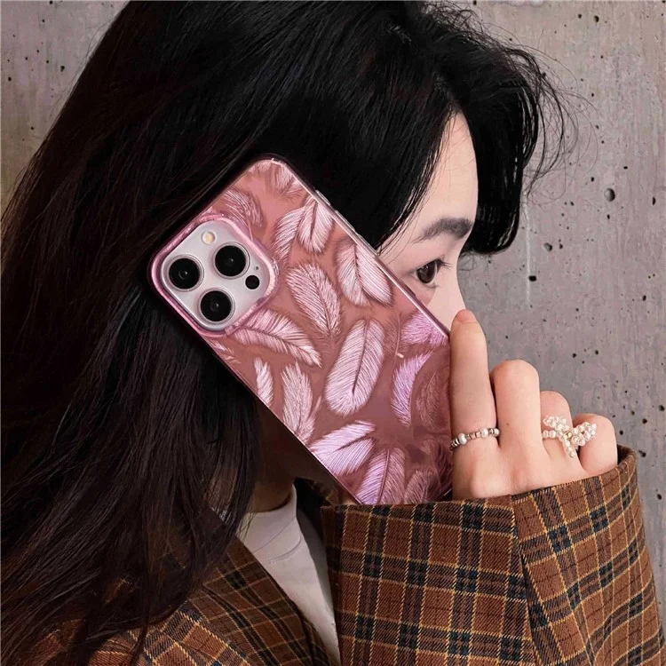 For iPhone 15 Pro Cell Phone Cases IMD Feather Pattern Anti-Scratch PC+TPU Phone Back Cover - Style A