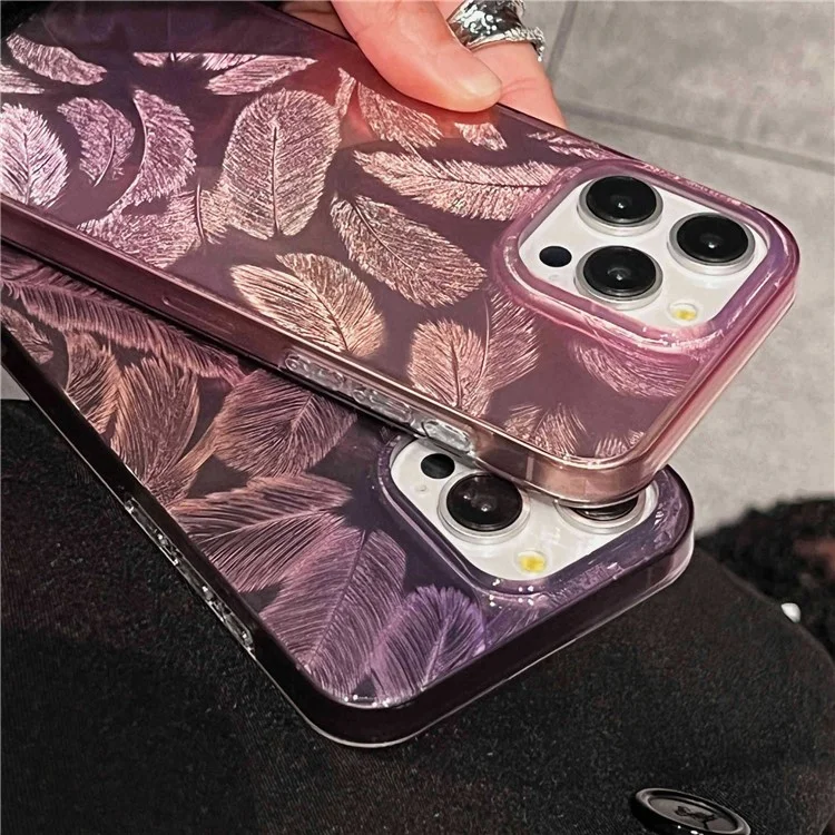 For iPhone 15 Pro Cell Phone Cases IMD Feather Pattern Anti-Scratch PC+TPU Phone Back Cover - Style A