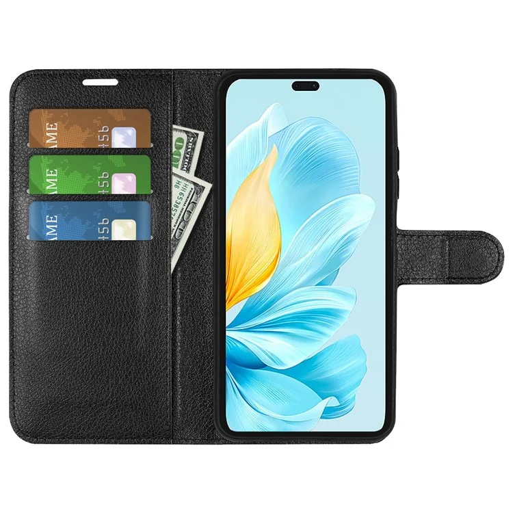 For Honor 200 Lite Case Litchi Texture Leather Flip Wallet Phone Cover - Preto