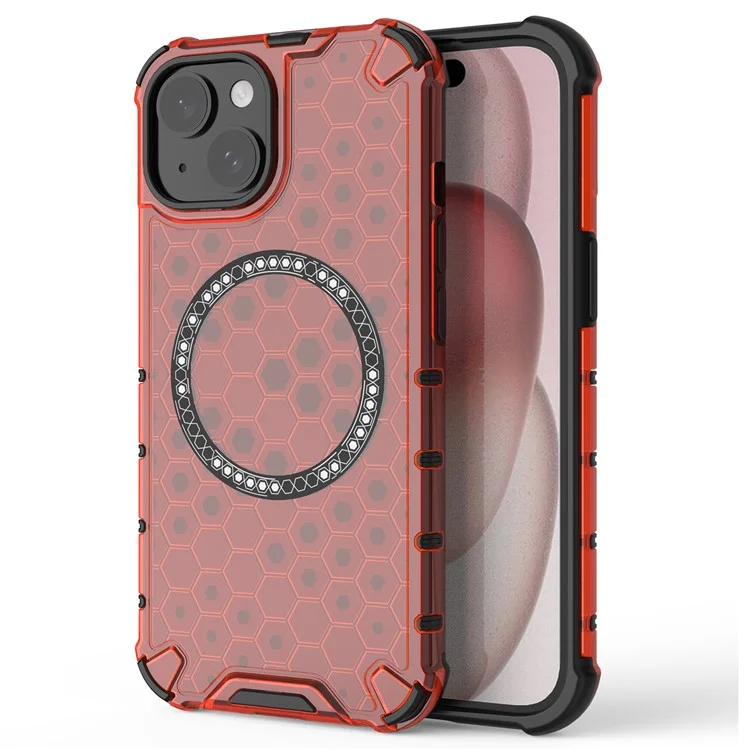 For iPhone 15 Case Honeycomb Design Magnetic TPU+PC Phone Cover - Red
