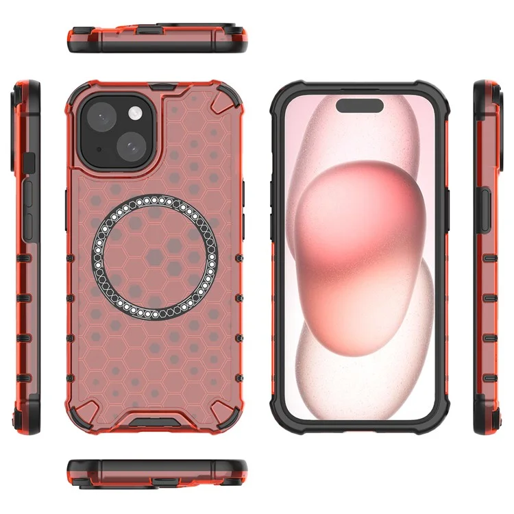 For iPhone 15 Case Honeycomb Design Magnetic TPU+PC Phone Cover - Red