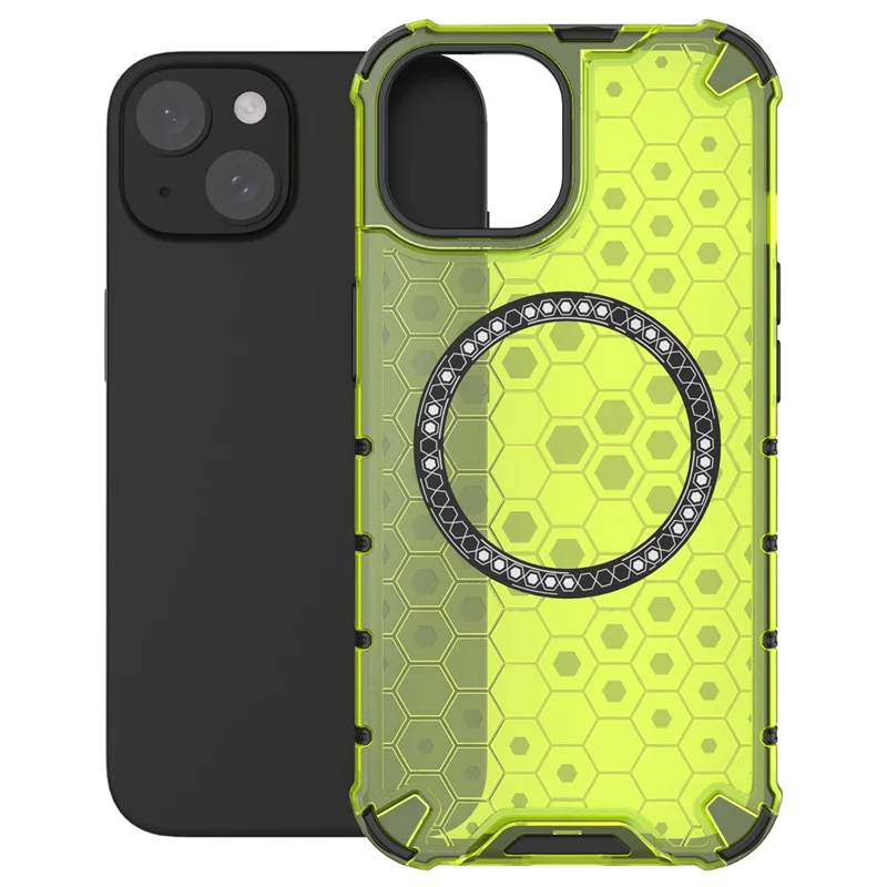 For iPhone 15 Case Honningkombdesign Magnetisk TPU+PC Telefonbeskyttelse - Grøn