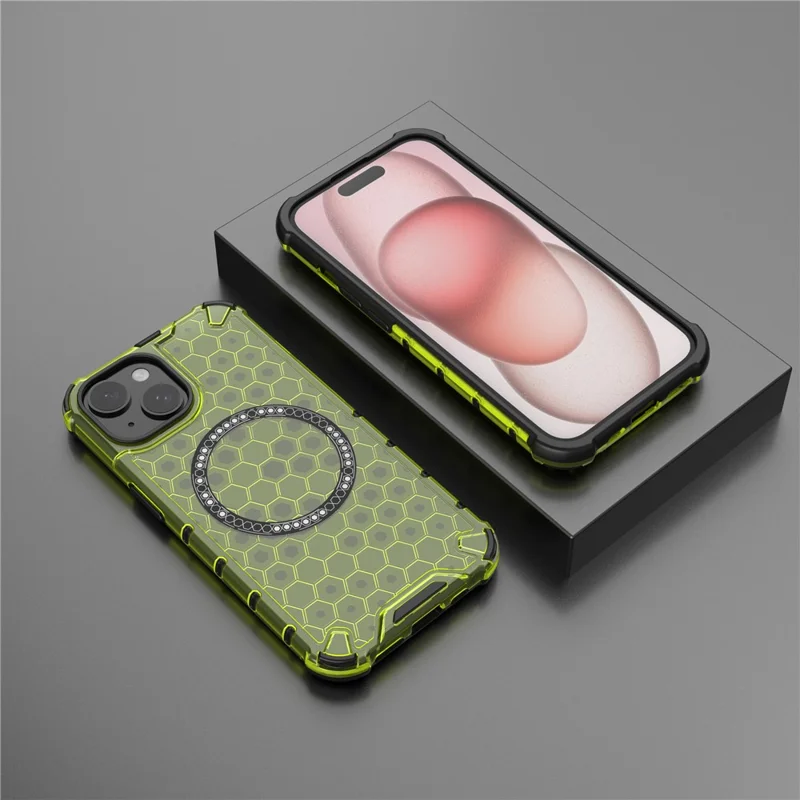 For iPhone 15 Case Honningkombdesign Magnetisk TPU+PC Telefonbeskyttelse - Grøn