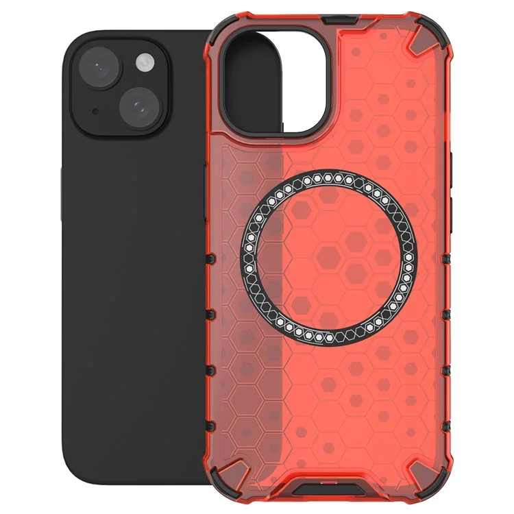 For iPhone 14 Magnetic Phone Case TPU+PC Honeycomb Design Phone Cover - Red