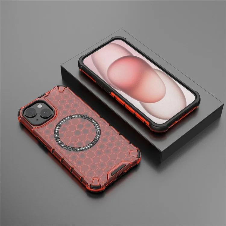 For iPhone 14 Magnetic Phone Case TPU+PC Honeycomb Design Phone Cover - Red