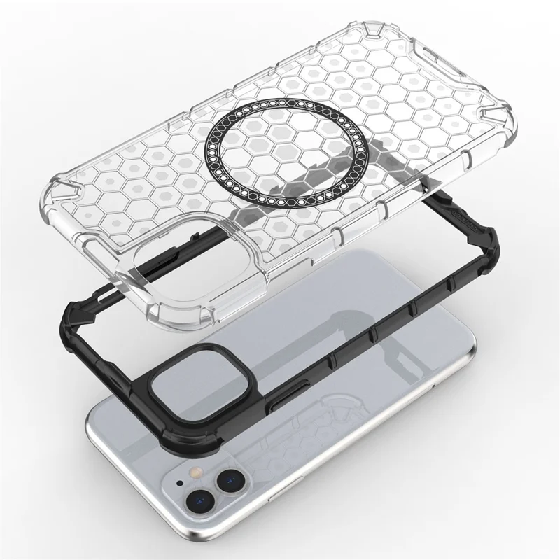 For iPhone 11 Case Compatible with MagSafe Honeycomb Design TPU+PC Phone Cover - Grey