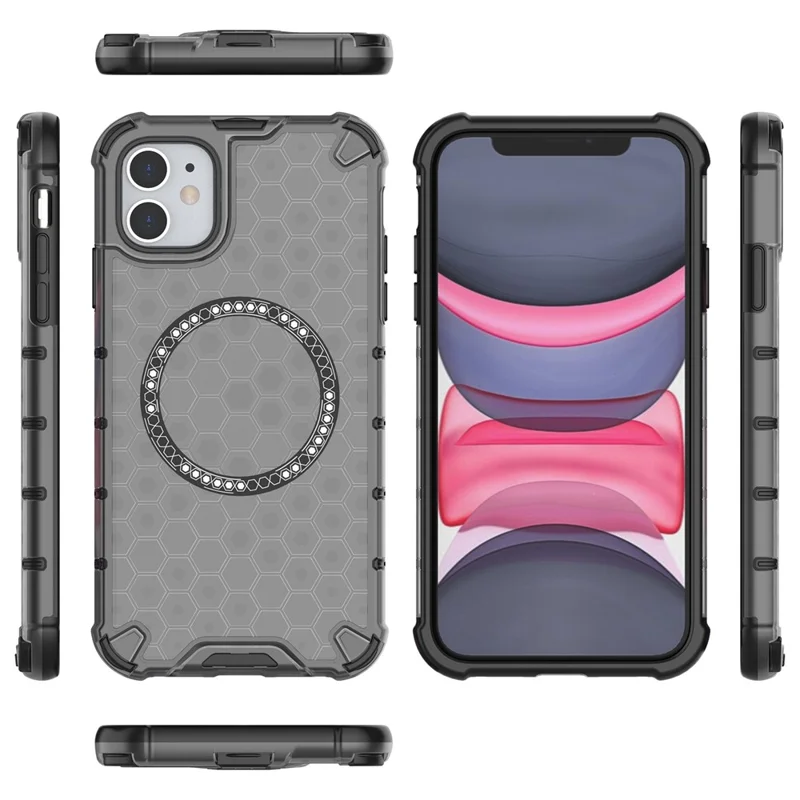 For iPhone 11 Case Compatible with MagSafe Honeycomb Design TPU+PC Phone Cover - Grey