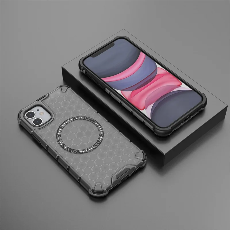 For iPhone 11 Case Compatible with MagSafe Honeycomb Design TPU+PC Phone Cover - Grey