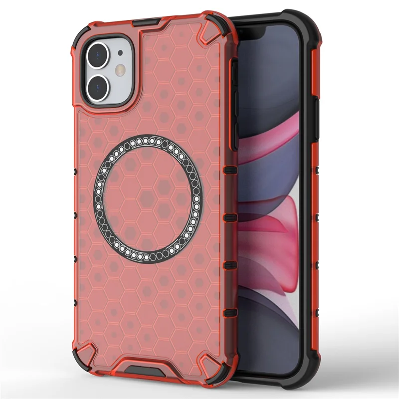 Coque pour iPhone 11 compatible avec MagSafe, conception en nid d'abeille en TPU+PC - Rouge