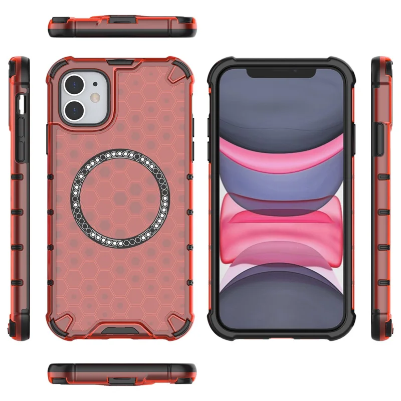 Coque pour iPhone 11 compatible avec MagSafe, conception en nid d'abeille en TPU+PC - Rouge