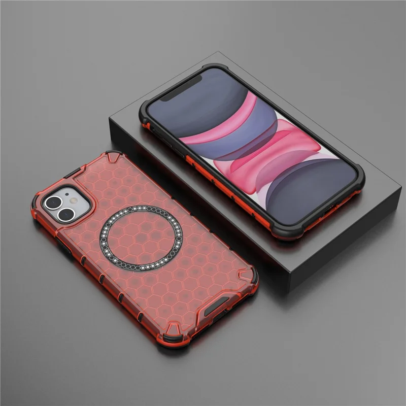 Coque pour iPhone 11 compatible avec MagSafe, conception en nid d'abeille en TPU+PC - Rouge