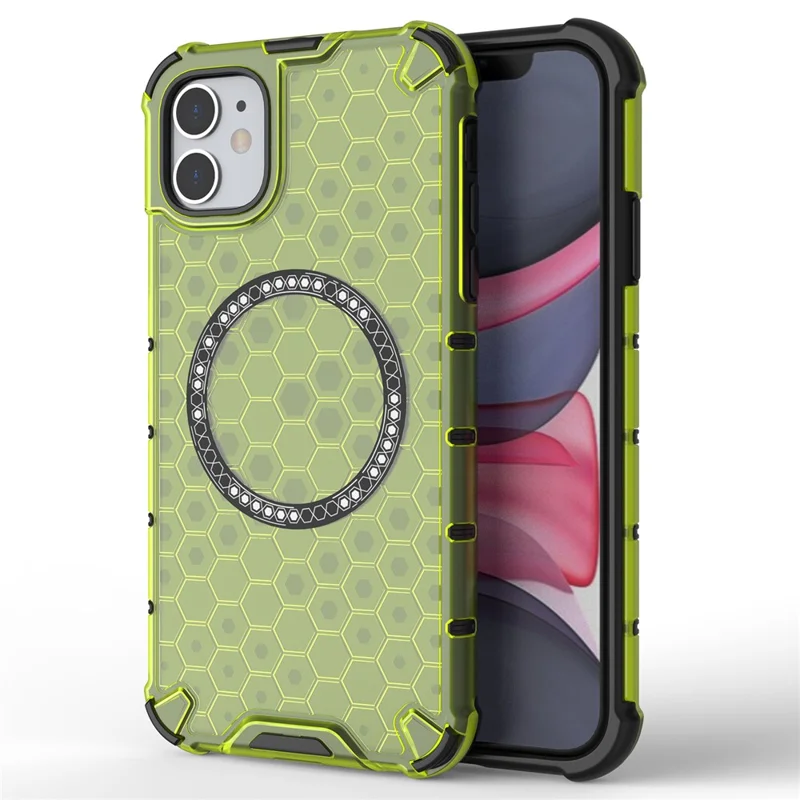 Custodia per iPhone 11 compatibile con MagSafe, design a nido d'ape TPU+PC - Verde