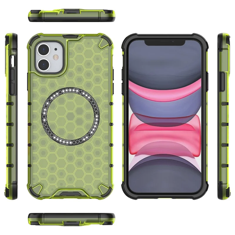 Custodia per iPhone 11 compatibile con MagSafe, design a nido d'ape TPU+PC - Verde