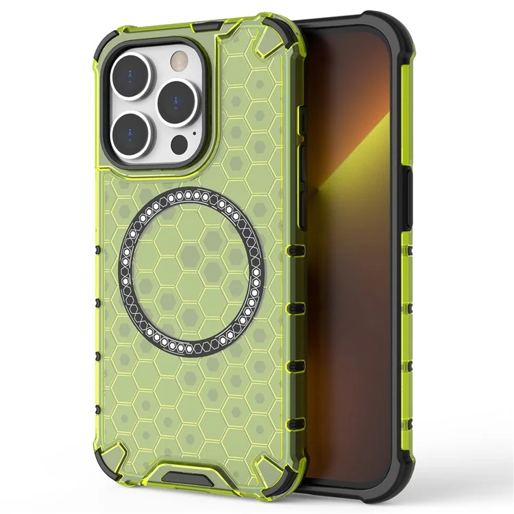 Funda magnética para iPhone 14 Pro Honeycomb Design TPU+PC Back Cover - Verde