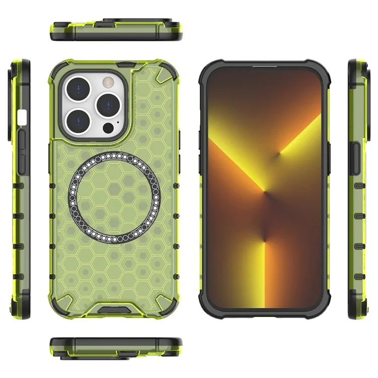 Funda magnética para iPhone 14 Pro Honeycomb Design TPU+PC Back Cover - Verde